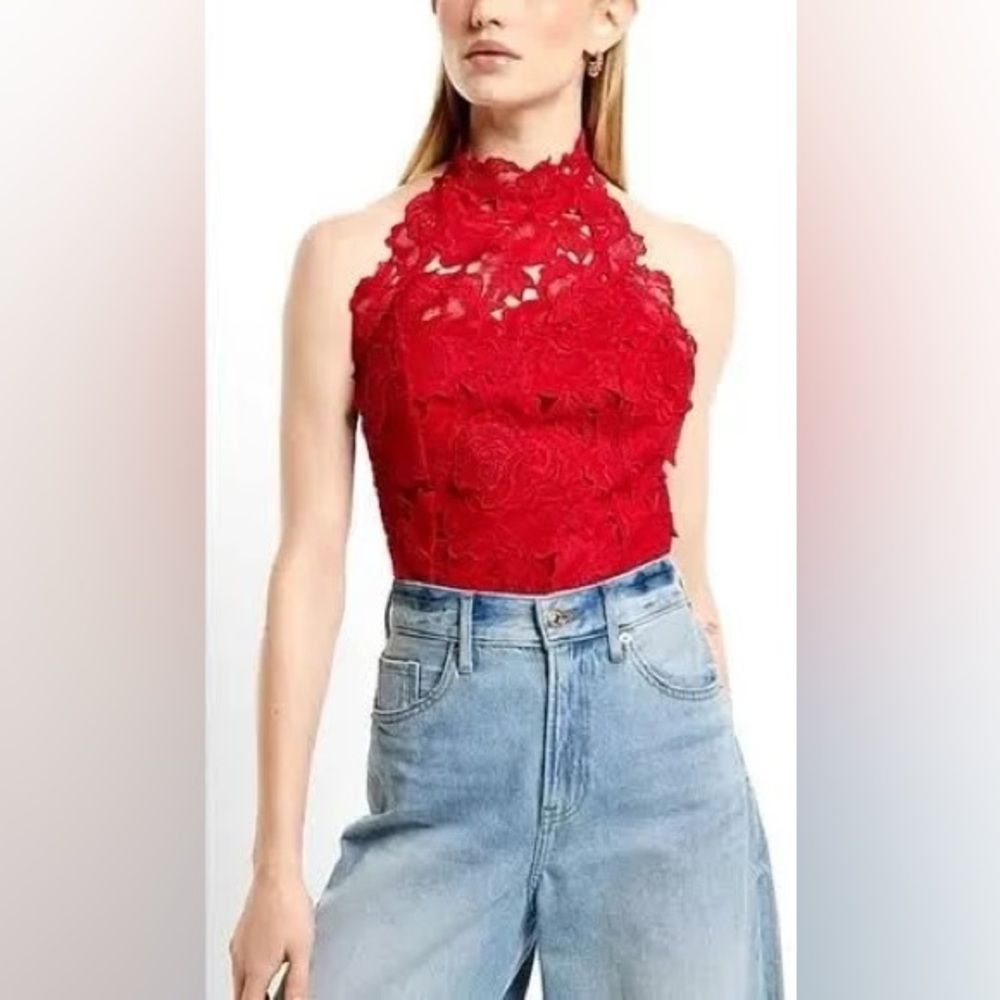 EXPRESS Red Lace Halter Bodysuit Medium M Thong Festival Concert